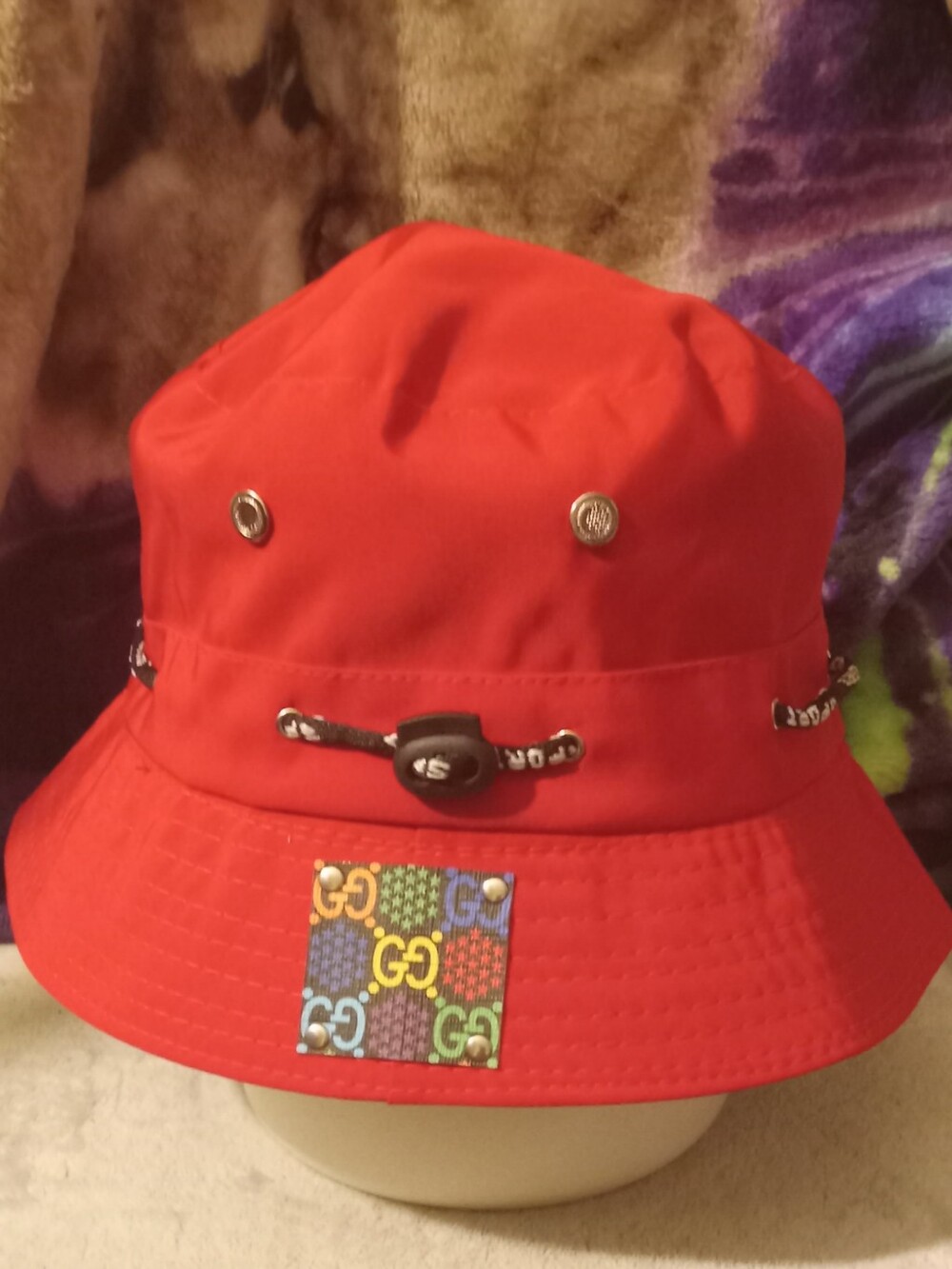 Red Upcycled Bucket Hat With Gucci Logo Patch